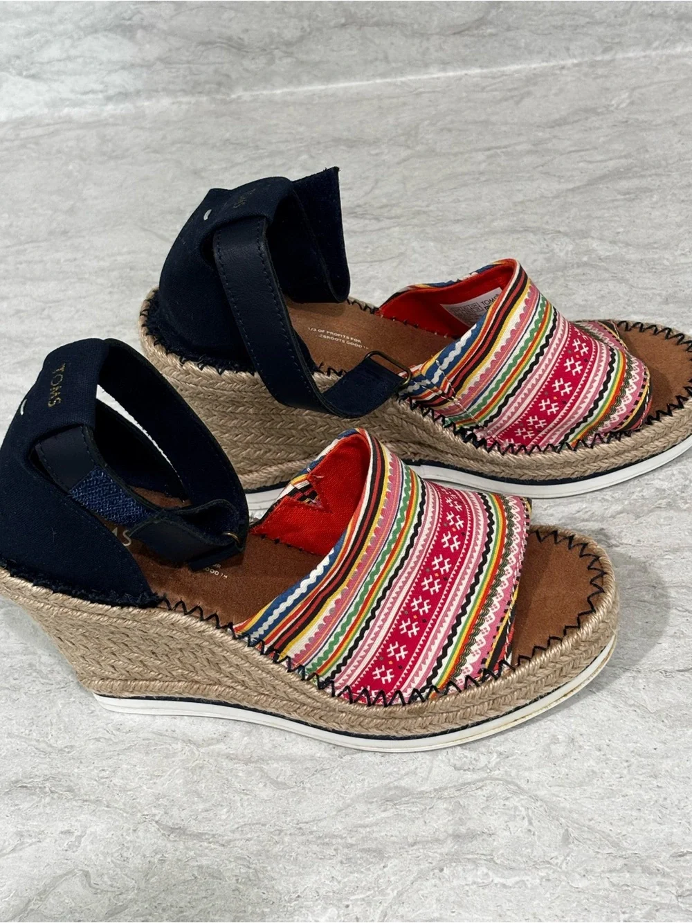 TOMS Multicolor Striped Espadrille Sandals with Navy Ankle Strap